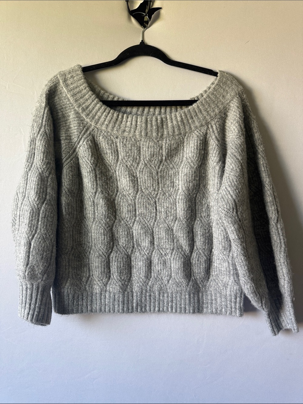 Lulus Off Shoulder Cable Knit Sweater Medium Cropped Gray Cozy